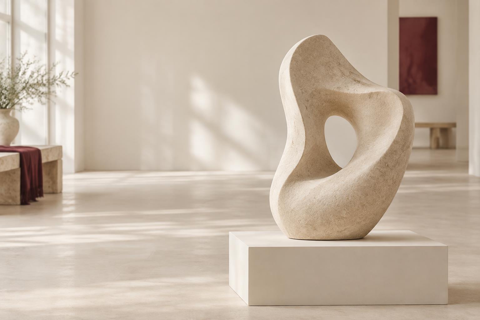 Curving pale stone sculpture in a sunlit gallery